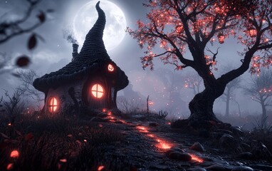 Fototapeta premium Enchanting Halloween Cottage Moonlit Fantasy Forest Path