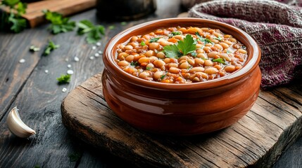 Freshly cooked pinto beans in a terracotta bowl, set against a backdrop of an old wooden cutting board and vintage cloth