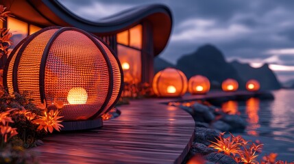 Illuminated Sphere Lights on Modern Deck Serene Lakeside View