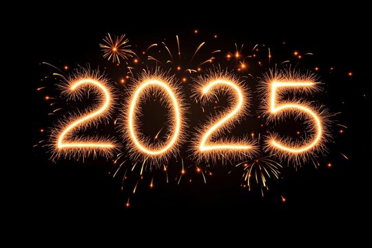 The year 2025 is written using sparklers with bright fireworks in the background, glowing against a dark backdrop. Celebration concept. Ai generative