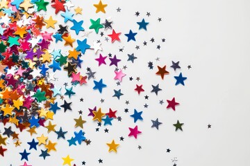 Colorful star confetti scattered on white background.