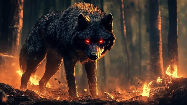A fierce wolf with glowing eyes stands amidst a fiery forest.