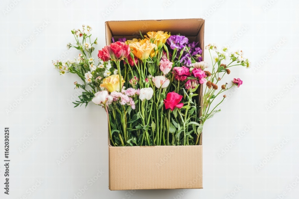 Poster delivery box overflowing with vibrant fresh flowers ready for decoration or gifting in a clear space