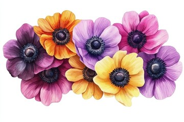 Fototapeta premium Colorful anemone flowers bouquet isolated on white.