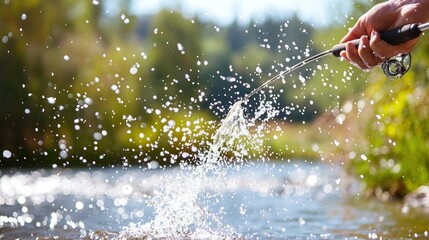 Fototapeta premium Close-up of hand holding fishing rod, splashing water in a river.