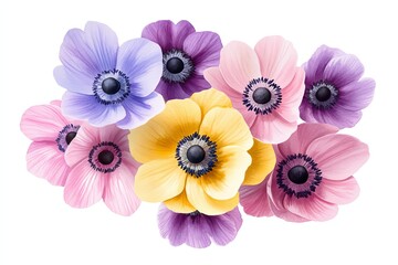 Fototapeta premium Colorful anemone flowers bouquet on white.