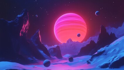 Fototapeta premium Neon pink planet rises over a futuristic, snow-covered alien landscape with mountains and small planets.