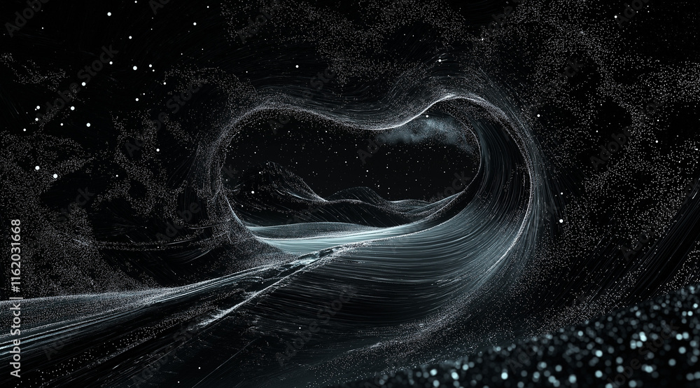 Aufkleber black background with intricate white dot wave resembling digital sound waves or data flow. dense pa
