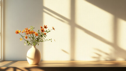 A minimalist room bathed in soft golden sunlight, featuring a single ceramic vase with vibrant wildflowers on a sleek wooden table, framed by delicate shadows from a large window. A simple and serene 