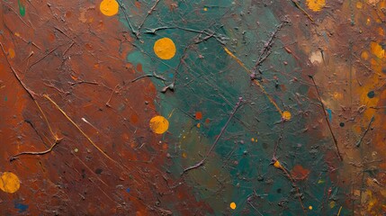 An abstract texture with swirls of brown and teal, accented by vibrant yellow dots creating an energetic and dynamic visual.