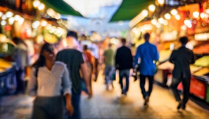 Blurred background : people shopping at market fair in sunny day, blur background with bokeh