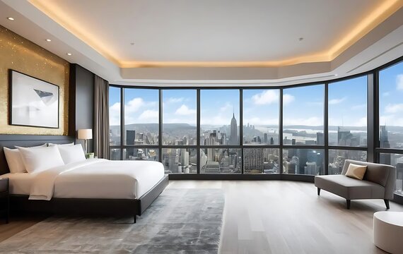 Luxurious Modern Bedroom Cityscape View - Powered by Adobe