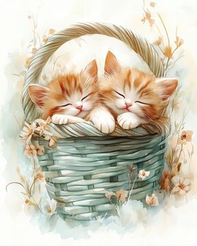 Adorable kittens sleeping in a woven basket.
