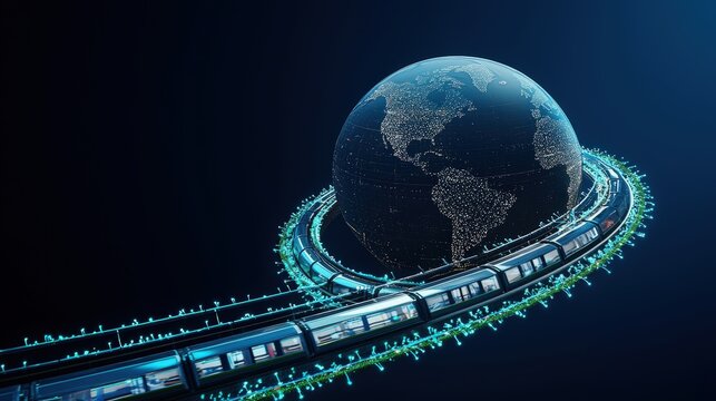 A futuristic 3D Earth with hyperloop trains encircling it, representing advanced transportation.