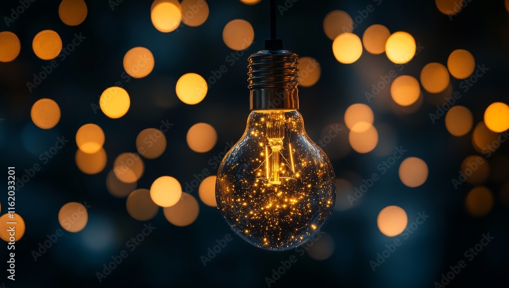 Poster Glowing light bulb with bokeh background.