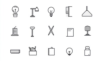 Simple line icons of office supplies, furniture, and lightbulbs.