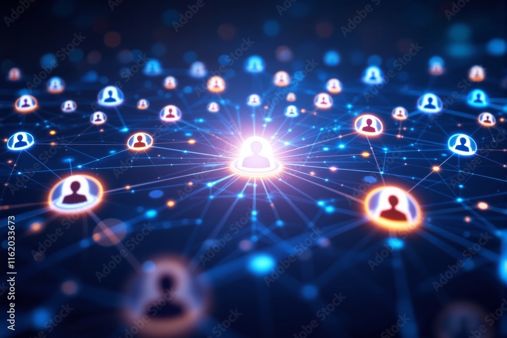 Poster glowing human icons interconnected by digital lines on a dark background, symbolizing global social 