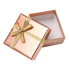 Rose gold gift box, gold ribbon, shiny. isolated on a transparent background