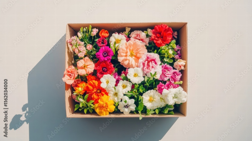 Poster delivery box filled with colorful fresh flowers ready for gifting and decoration on a clean surface.