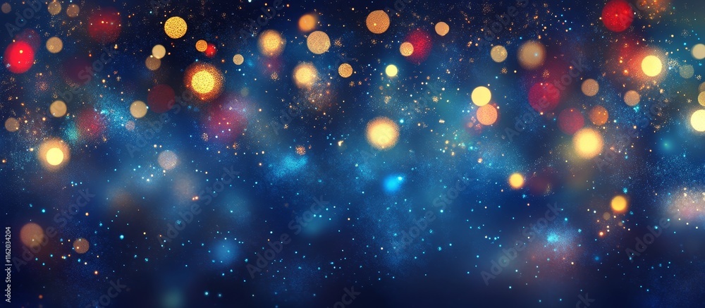 Poster abstract blue background with colorful bokeh lights and glitter.