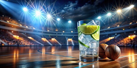 Crisp gin tonic, cheered on by stadium sights.  Wide angle.