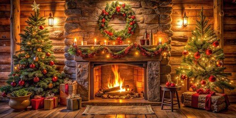 Fototapeta premium Cozy Christmas cabin, crackling fire, snowy scene.