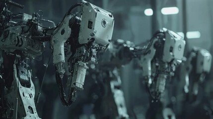 Fototapeta premium A close-up view of robotic arms in a dimly lit industrial setting, showcasing advanced technology and mechanical design.