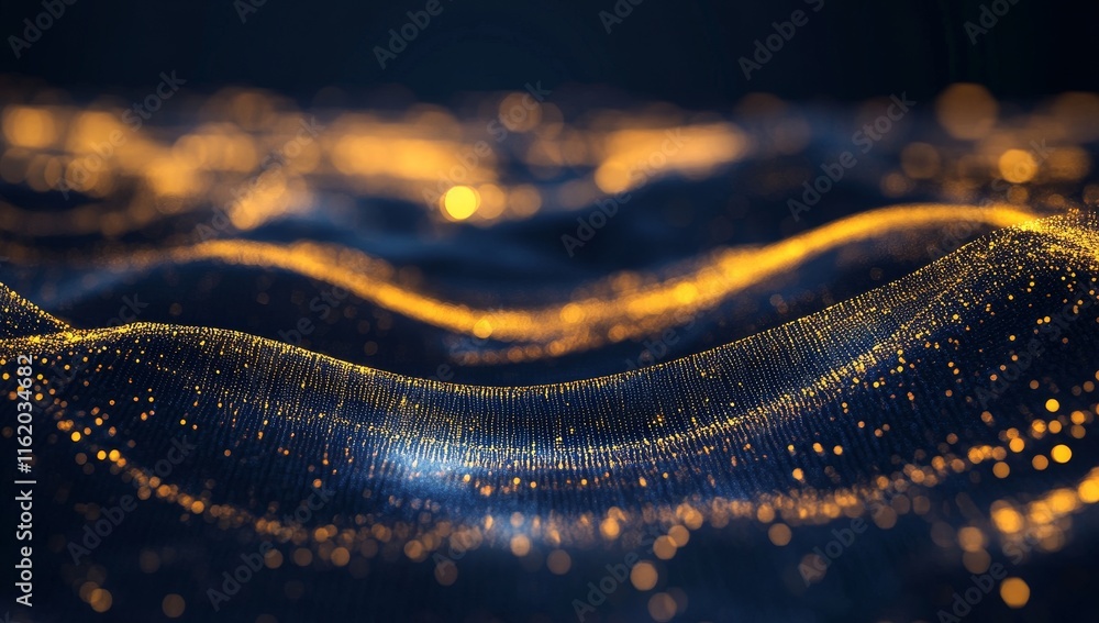 Poster abstract gold and blue particle wave.