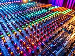 Detailed close-up of a DJ's mixing board.