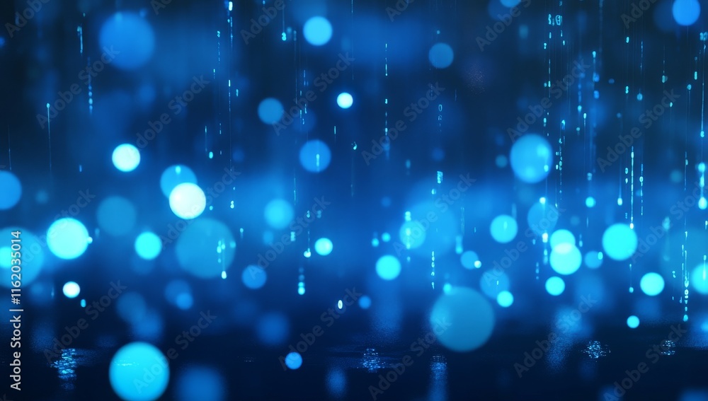 Poster abstract blue bokeh background with falling lights.