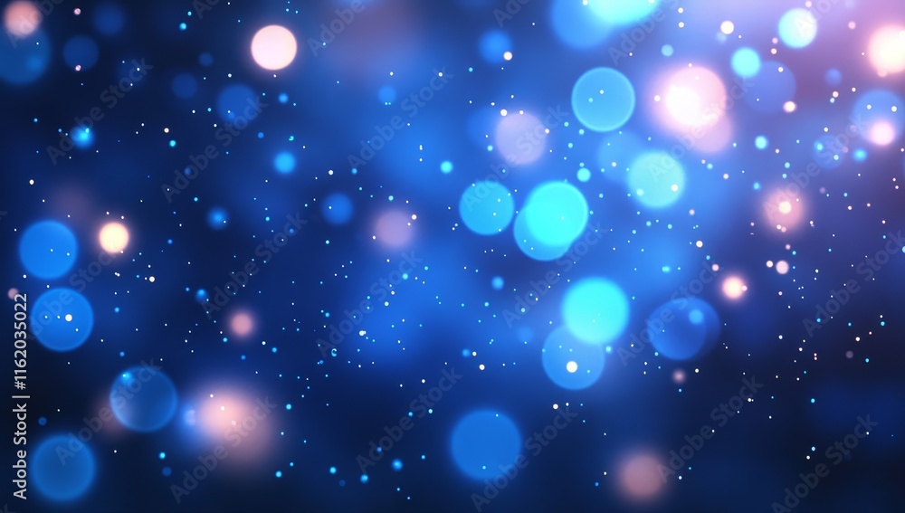 Poster abstract blue bokeh background with glowing lights and sparkles.