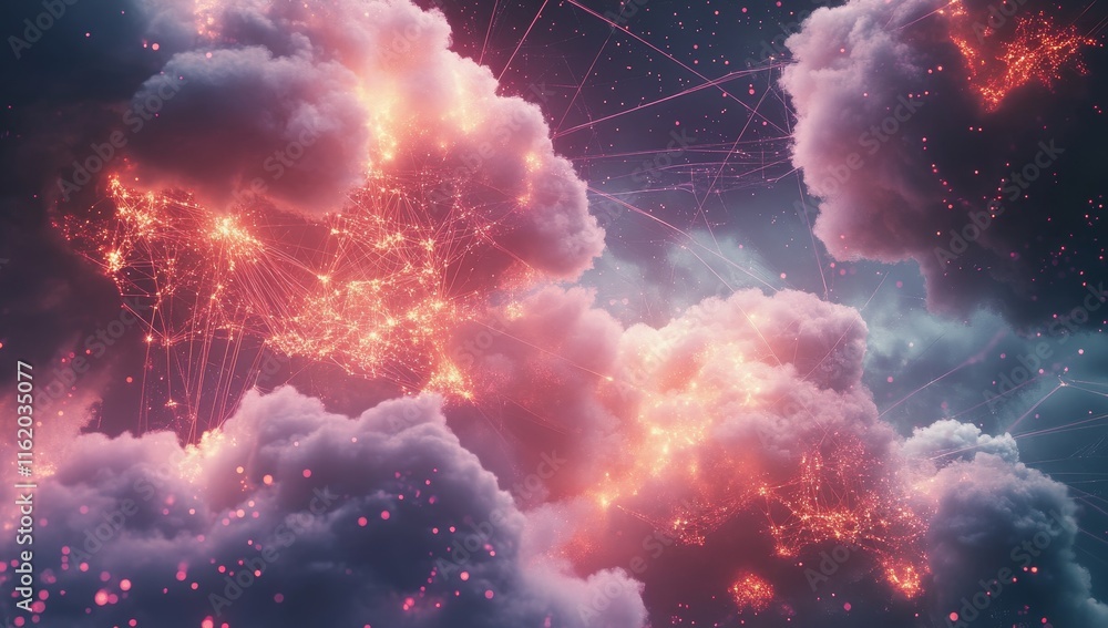 Poster glowing network connections within fiery clouds.