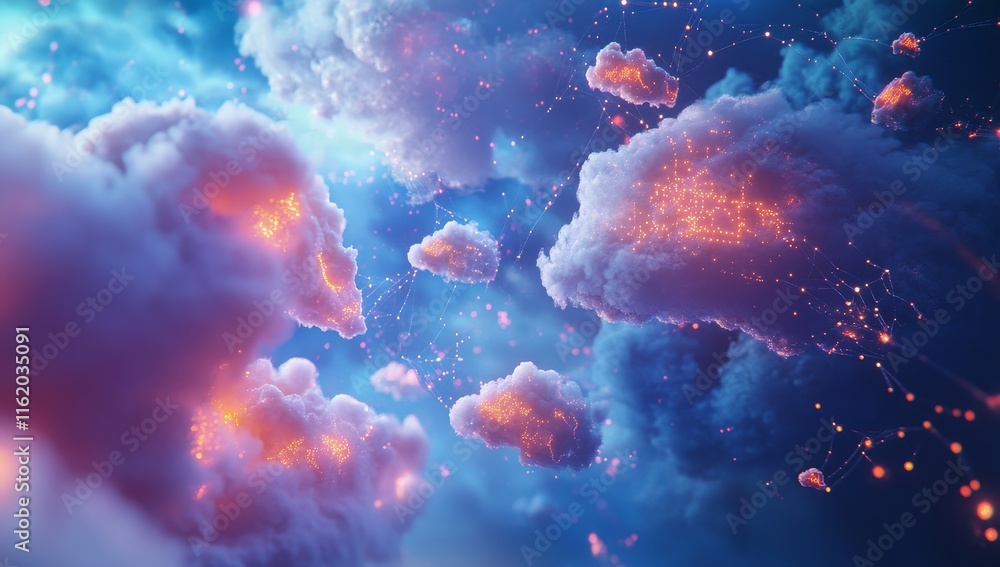 Poster Glowing cloudscape with interconnected network.