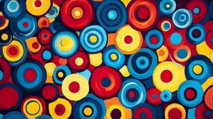 Bright red yellow and blue circles overlapping in intricate layers creating a vibrant backdrop