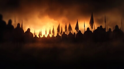 Silhouettes of soldiers with flags stand united against a fiery sky at dusk, evoking a sense of bravery and anticipation.