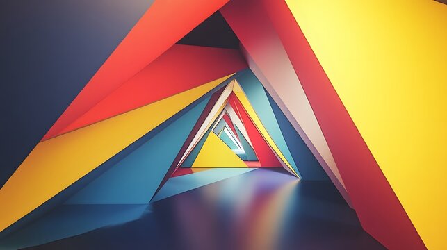 Layered primary color triangles and rectangles creating a sense of depth and motion