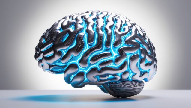 Metallic Brain Glowing With Inner Blue Light - Powered by Adobe