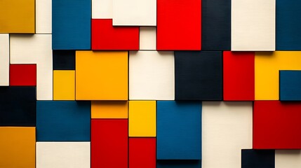 Minimalist design with overlapping squares in primary colors arranged in a precise layered structure