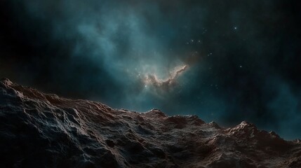 A surreal cosmic landscape featuring rocky terrains under a vibrant nebula and starlit sky.