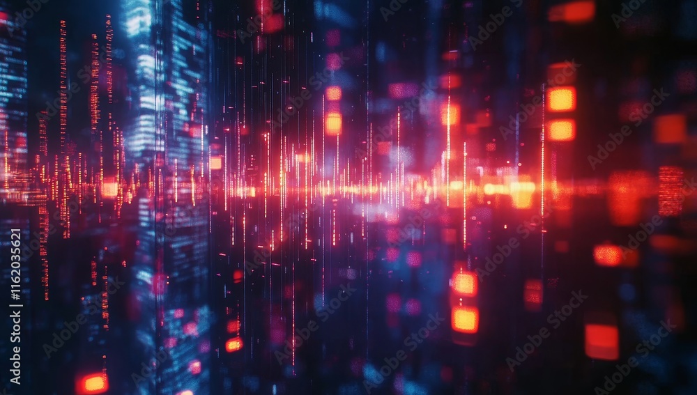 Poster Abstract digital data stream with glowing particles and lines.