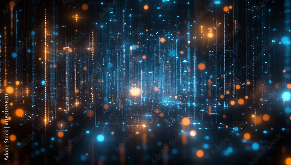 Poster Abstract digital data stream, glowing particles and lines.