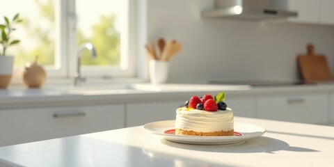 A delightful mini cake adorned with fresh raspberries and blueberries, resting on a pristine white plate, sits on a sleek kitchen counter bathed in sunlight.