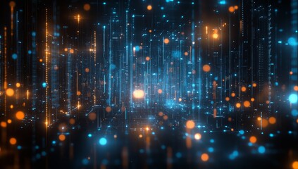 Abstract digital data stream, glowing particles and lines.