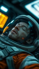 A male astronaut, of Caucasian descent, sleeps peacefully inside a spacecraft, illuminated by soft, ambient lights.