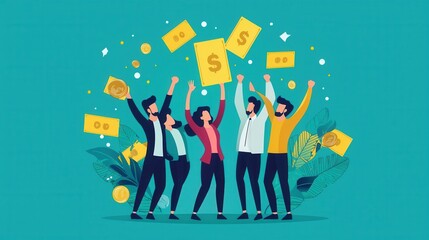 A vibrant illustration showing a group of five people celebrating with money signs and dollar bills, conveying joy and success.