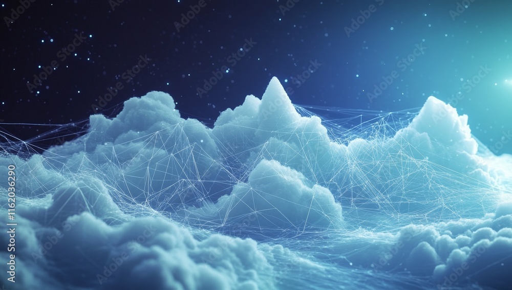 Poster network connections visualized as glowing lines over fluffy clouds at night.