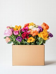 Vibrant fresh flowers arranged in a cardboard delivery box, perfect for gift giving and decoration. Generative AI