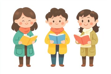 Fototapeta premium Happy Readers: Three cheerful children, each with a different colored book, are engrossed in their stories, radiating joy and the love of reading. 