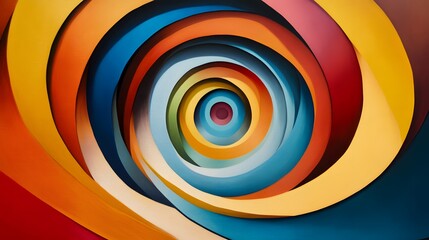 Layered concentric shapes in primary colors creating a sense of movement