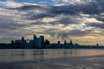 Iconic city of Liverpool architecture on bank of River Mersey